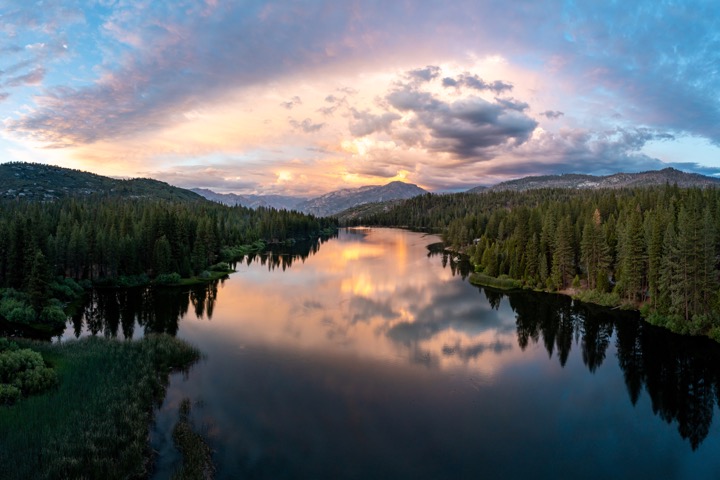 Aerial view of Hume Lake at sunset.