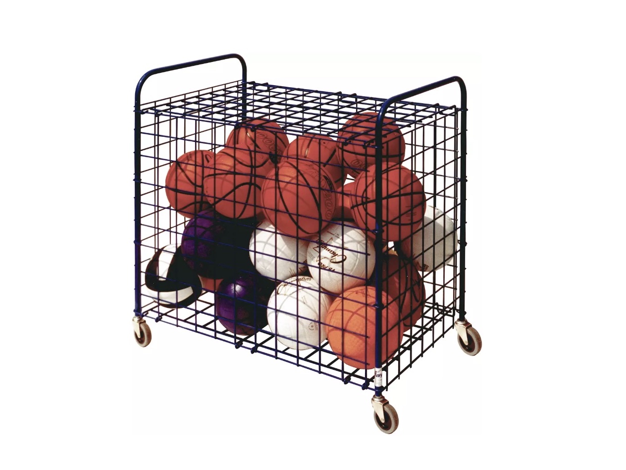 A wire ball cart on wheels filled with basketballs and volleyballs.
