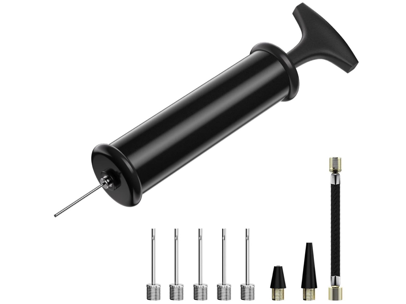 A black hand pump for inflating balls, with a row of needles and nozzles laid out below it.